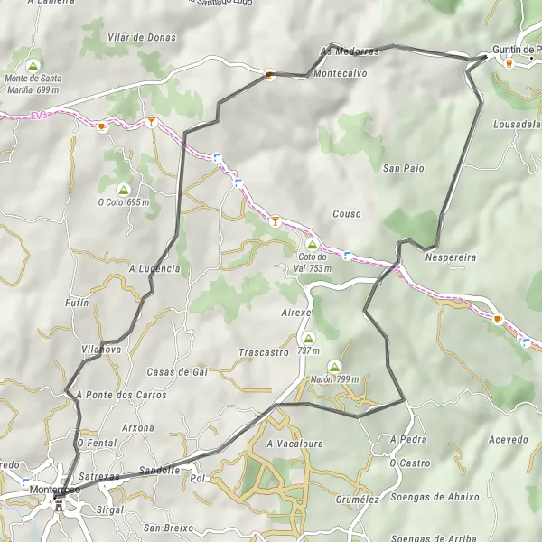 Map miniature of "Monterroso to Sandolfe Road Bike Route" cycling inspiration in Galicia, Spain. Generated by Tarmacs.app cycling route planner