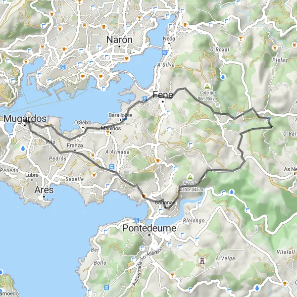 Miniatua del mapa de inspiración ciclista "Ruta corta en bicicleta de carretera cerca de Mugardos" en Galicia, Spain. Generado por Tarmacs.app planificador de rutas ciclistas
