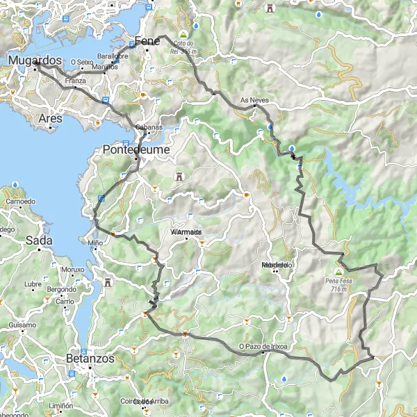 Miniaturní mapa "Kolo okolo Ría de Ferrol" inspirace pro cyklisty v oblasti Galicia, Spain. Vytvořeno pomocí plánovače tras Tarmacs.app