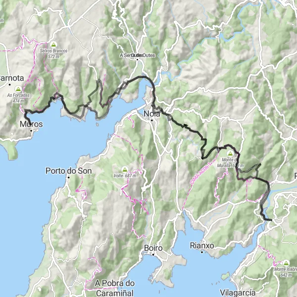 Map miniature of "Road Cycling Tour around Muros" cycling inspiration in Galicia, Spain. Generated by Tarmacs.app cycling route planner