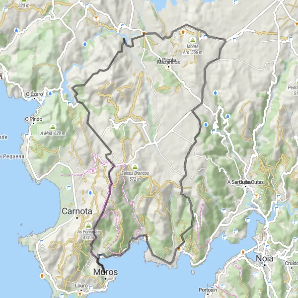 Miniatuurkaart van de fietsinspiratie "Rond-reisroute Muros - Serres - A Medoña - Petón das Bouzas - As Abeleiroas - A Mina - O Pino de Val - O Castelo - A Acea - Xallambau" in Galicia, Spain. Gemaakt door de Tarmacs.app fietsrouteplanner