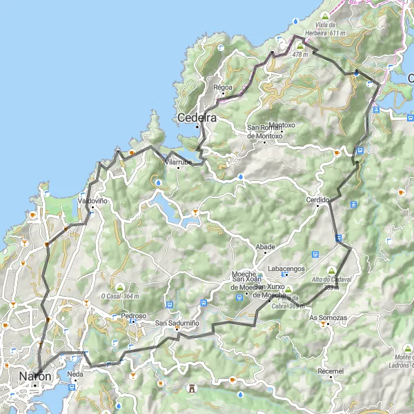 Map miniature of "Narón - An Epic Ride Along the Coast" cycling inspiration in Galicia, Spain. Generated by Tarmacs.app cycling route planner