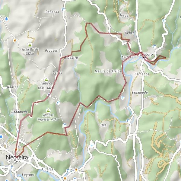 Miniatura della mappa di ispirazione al ciclismo "Percorso in mountain bike da Negreira ad A Pedra Capela e Pedra Torreira" nella regione di Galicia, Spain. Generata da Tarmacs.app, pianificatore di rotte ciclistiche