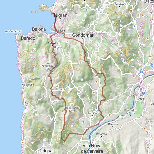 Miniaturní mapa "Scenic gravel loop from Nigrán to Mañufe" inspirace pro cyklisty v oblasti Galicia, Spain. Vytvořeno pomocí plánovače tras Tarmacs.app