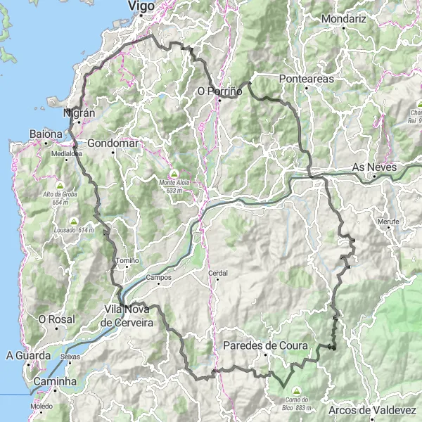 Miniature de la carte de l'inspiration cycliste "Route panoramique autour de Nigrán" dans la Galicia, Spain. Générée par le planificateur d'itinéraire cycliste Tarmacs.app