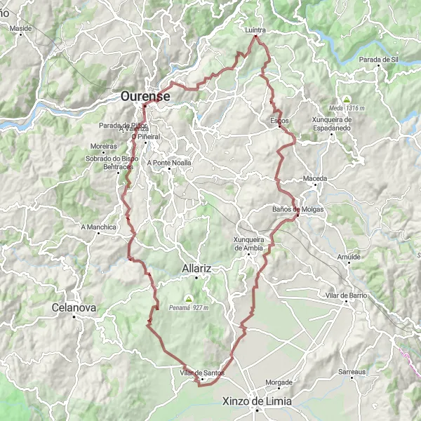 Miniatura della mappa di ispirazione al ciclismo "Giro in bicicletta lungo le montagne di Galicia" nella regione di Galicia, Spain. Generata da Tarmacs.app, pianificatore di rotte ciclistiche