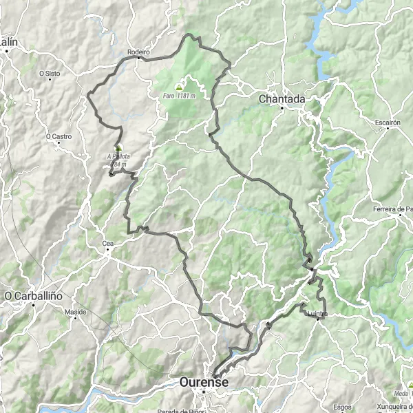 Miniatura della mappa di ispirazione al ciclismo "Giro in bicicletta attraverso Ribeira Sacra" nella regione di Galicia, Spain. Generata da Tarmacs.app, pianificatore di rotte ciclistiche