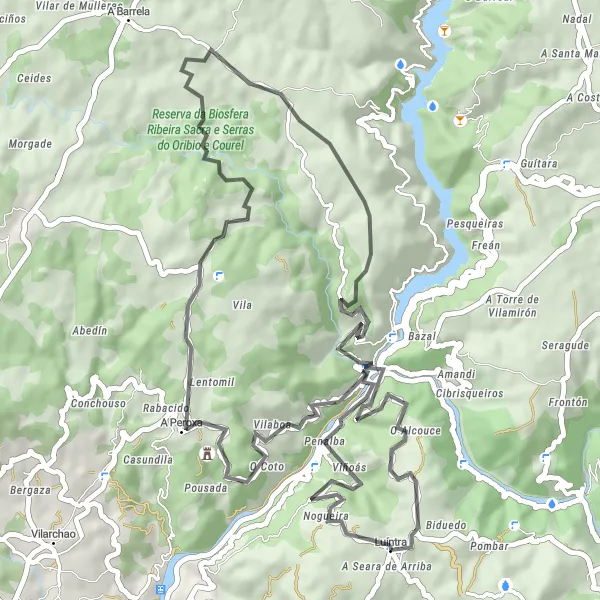 Miniatura della mappa di ispirazione al ciclismo "Itinerario panoramico tra Penalba e Luíntra" nella regione di Galicia, Spain. Generata da Tarmacs.app, pianificatore di rotte ciclistiche
