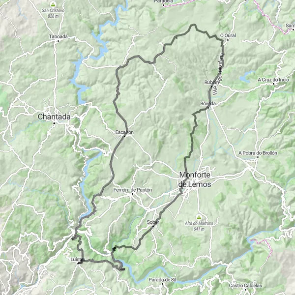 Miniatura della mappa di ispirazione al ciclismo "Avventura in bicicletta alla scoperta della natura incontaminata" nella regione di Galicia, Spain. Generata da Tarmacs.app, pianificatore di rotte ciclistiche