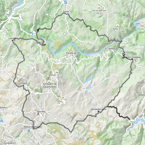 Miniatura della mappa di ispirazione al ciclismo "Tour in bicicletta tra Sober e Luíntra" nella regione di Galicia, Spain. Generata da Tarmacs.app, pianificatore di rotte ciclistiche