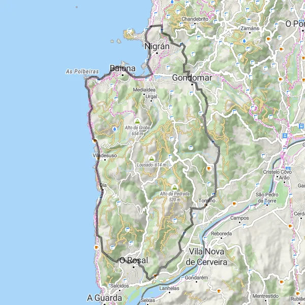 Miniature de la carte de l'inspiration cycliste "Le parcours routier à partir d'O Rosal" dans la Galicia, Spain. Générée par le planificateur d'itinéraire cycliste Tarmacs.app