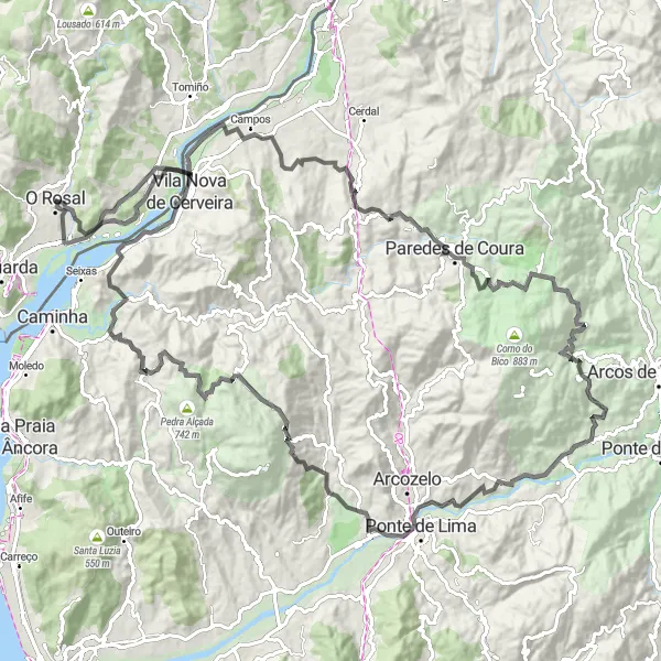 Karten-Miniaturansicht der Radinspiration "Langstreckenabenteuer mit 135 km und 2398 m Anstieg" in Galicia, Spain. Erstellt vom Tarmacs.app-Routenplaner für Radtouren