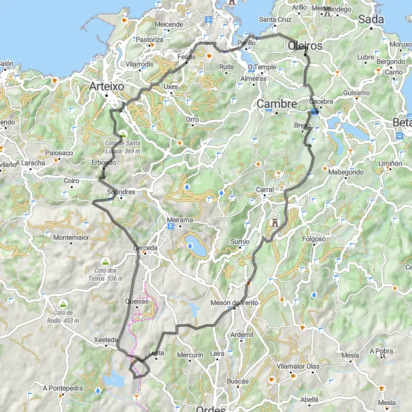 Map miniature of "Oleiros to Sarandós Loop" cycling inspiration in Galicia, Spain. Generated by Tarmacs.app cycling route planner