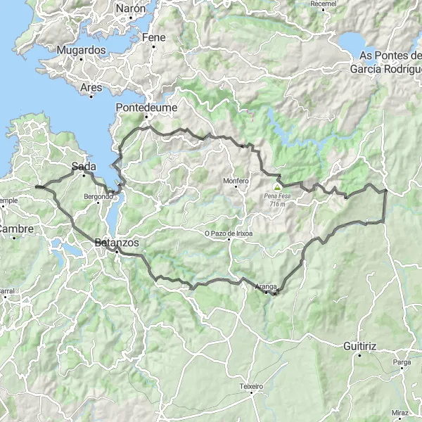 Miniature de la carte de l'inspiration cycliste "Aventure de 116 km sur route au départ d'Oleiros" dans la Galicia, Spain. Générée par le planificateur d'itinéraire cycliste Tarmacs.app