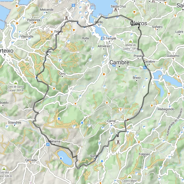 Miniatura della mappa di ispirazione al ciclismo "Giro in bici Oleiros - A Atalaia - Coto de Guichar - Pardiñas - Monte Mero - Bastiagueiro - Oleiros" nella regione di Galicia, Spain. Generata da Tarmacs.app, pianificatore di rotte ciclistiche