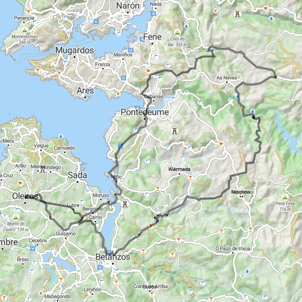 Miniatura della mappa di ispirazione al ciclismo "Giro in bici Oleiros - A Pasaxe do Pedrido - Pontedeume - Punta da Illa - A Torre de San Bartolomeu - Cernadas de Arriba - Miradoiro do Río Lambre - Oleiros" nella regione di Galicia, Spain. Generata da Tarmacs.app, pianificatore di rotte ciclistiche