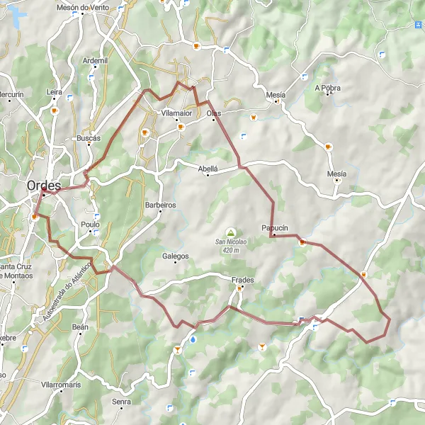 Map miniature of "Ordes Gravel Adventure" cycling inspiration in Galicia, Spain. Generated by Tarmacs.app cycling route planner