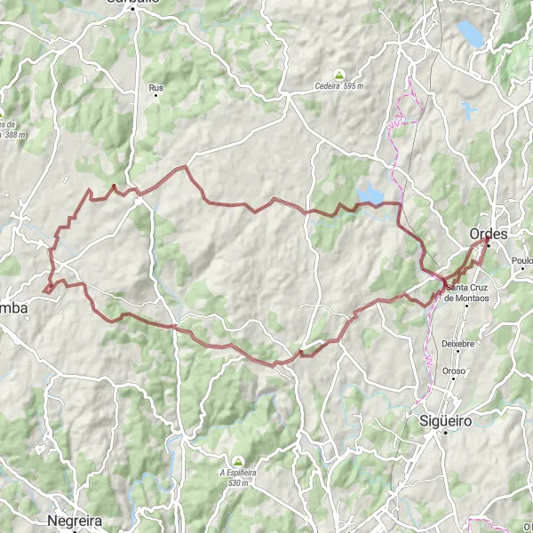 Miniatuurkaart van de fietsinspiratie "A Revolta naar Ordes Gravelroute" in Galicia, Spain. Gemaakt door de Tarmacs.app fietsrouteplanner