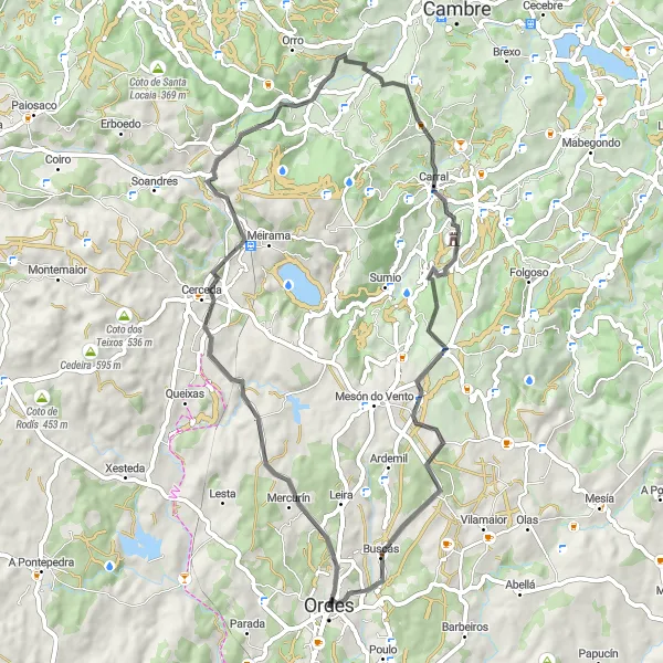 Map miniature of "Ordes to Medorra Route" cycling inspiration in Galicia, Spain. Generated by Tarmacs.app cycling route planner