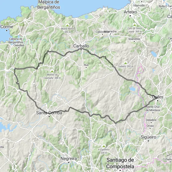 Map miniature of "Santa Comba Loop" cycling inspiration in Galicia, Spain. Generated by Tarmacs.app cycling route planner