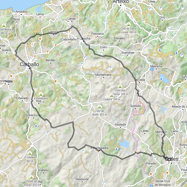 Miniature de la carte de l'inspiration cycliste "Route d'Ordes à Mercurín" dans la Galicia, Spain. Générée par le planificateur d'itinéraire cycliste Tarmacs.app