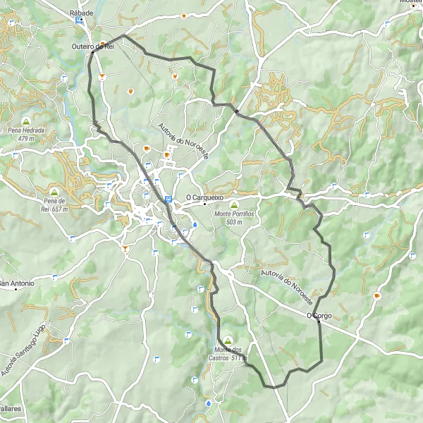 Map miniature of "Exploring the Countryside of Outeiro de Rei" cycling inspiration in Galicia, Spain. Generated by Tarmacs.app cycling route planner