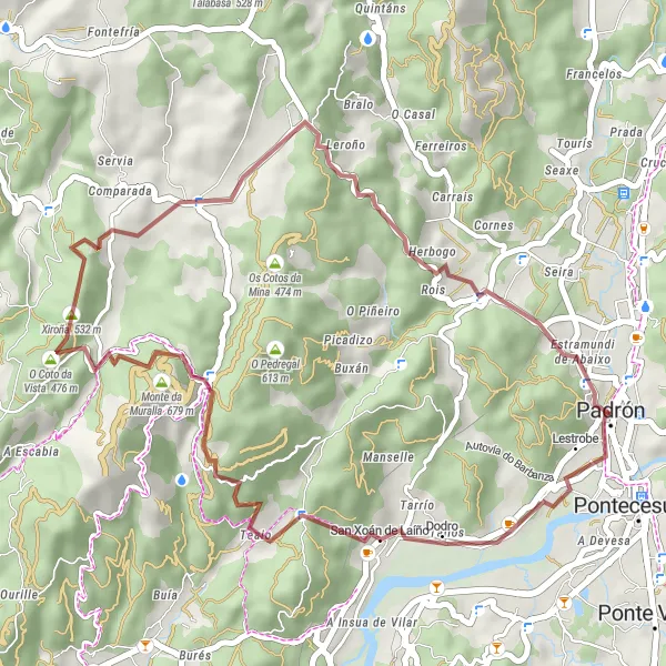 Miniatura della mappa di ispirazione al ciclismo "Percorso Panoramico in Gravel da Padrón a Rois" nella regione di Galicia, Spain. Generata da Tarmacs.app, pianificatore di rotte ciclistiche