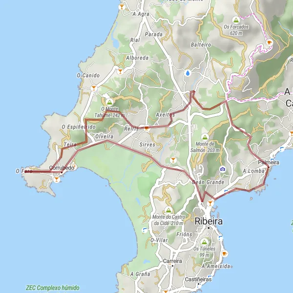 Map miniature of "Gravel Challenge in Palmeira" cycling inspiration in Galicia, Spain. Generated by Tarmacs.app cycling route planner