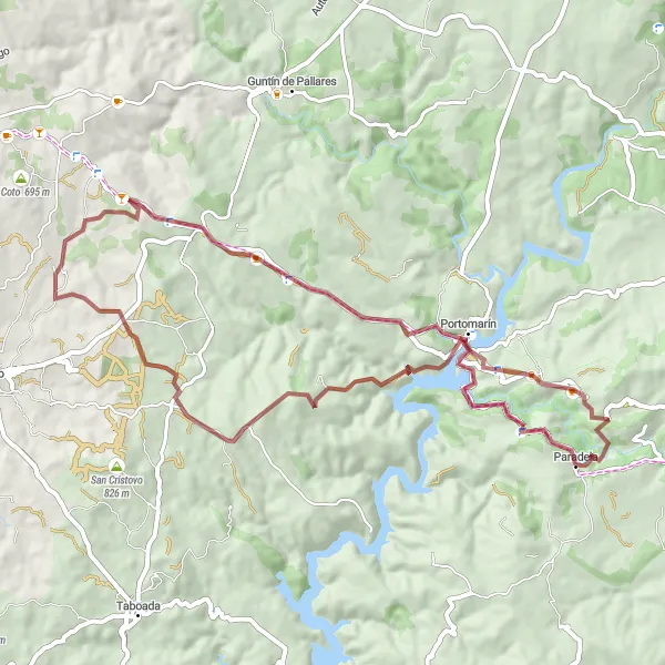 Miniaturní mapa "Gravelový okruh kolem Paradely" inspirace pro cyklisty v oblasti Galicia, Spain. Vytvořeno pomocí plánovače tras Tarmacs.app