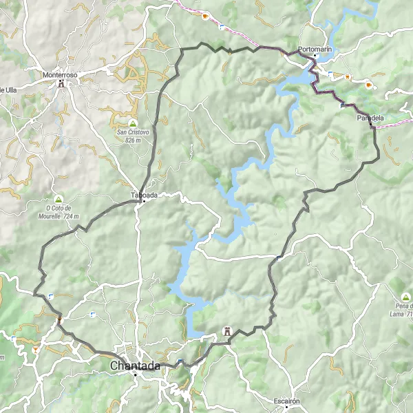 Miniatura della mappa di ispirazione al ciclismo "Avventura su strada attraverso Chantada e Taboada" nella regione di Galicia, Spain. Generata da Tarmacs.app, pianificatore di rotte ciclistiche