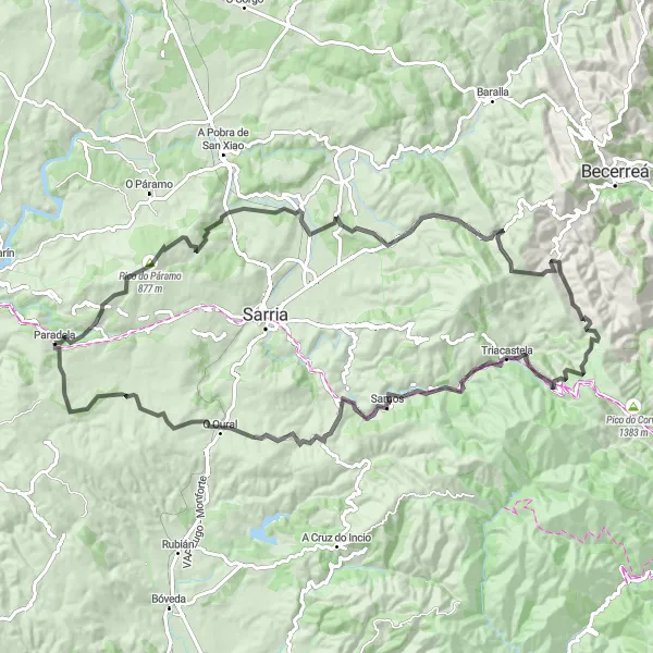Miniatua del mapa de inspiración ciclista "Ruta épica: Paradela - Andreade - Paradela" en Galicia, Spain. Generado por Tarmacs.app planificador de rutas ciclistas
