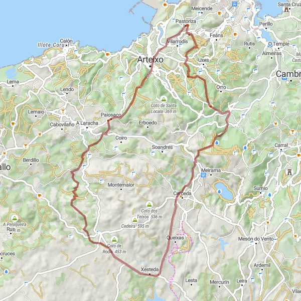 Miniatua del mapa de inspiración ciclista "Ruta de gravel cerca de Pastoriza" en Galicia, Spain. Generado por Tarmacs.app planificador de rutas ciclistas