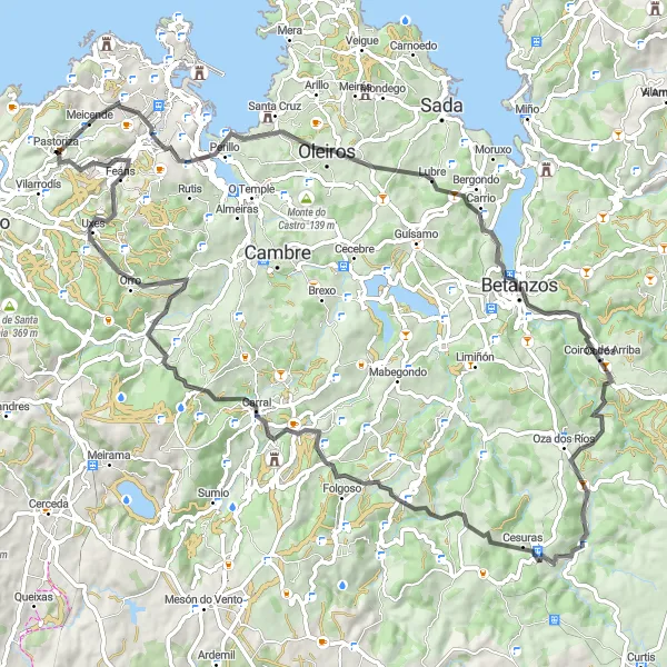 Miniature de la carte de l'inspiration cycliste "Circuit Routier à travers Coirós et A Peteira" dans la Galicia, Spain. Générée par le planificateur d'itinéraire cycliste Tarmacs.app