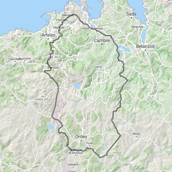 Miniatura della mappa di ispirazione al ciclismo "Giro in bicicletta Pastoriza - Pedroso - O Portádego - As Táboas - Mato de Abaixo - Pereira - Coto da Agrela - O Sabugueiro - O Portodoso - As Pontellas - Monticaño - Meicende" nella regione di Galicia, Spain. Generata da Tarmacs.app, pianificatore di rotte ciclistiche