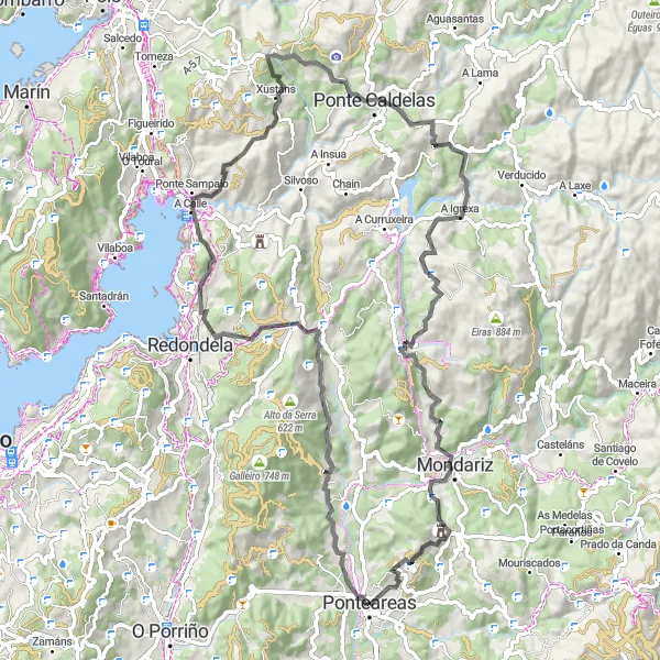 Miniatura della mappa di ispirazione al ciclismo "Scoperta delle valli e dei fiumi attorno a Ponteareas" nella regione di Galicia, Spain. Generata da Tarmacs.app, pianificatore di rotte ciclistiche