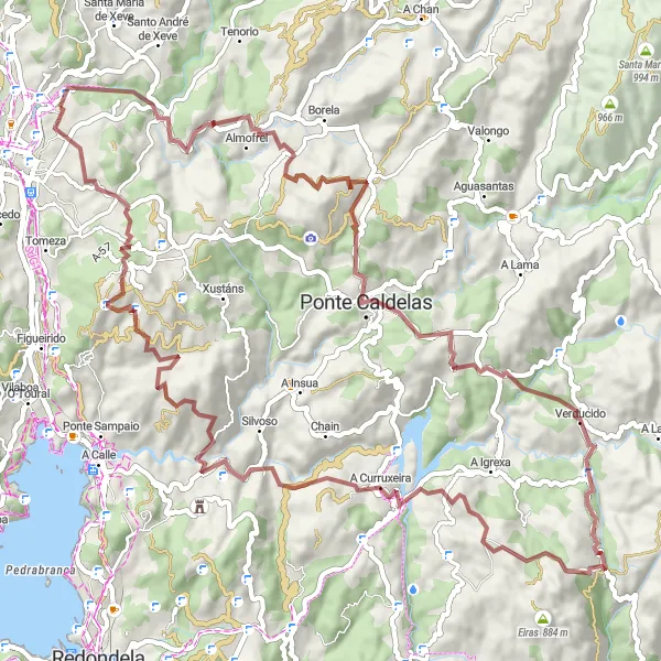 Miniatura mapy "Gravel adventure: od Ponte Caldelas do Miradoiro de Monteporreiro" - trasy rowerowej w Galicia, Spain. Wygenerowane przez planer tras rowerowych Tarmacs.app