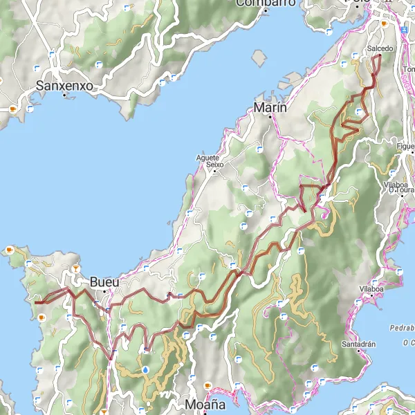 Miniaturní mapa "Cyklotrasa okolo Pontevedry plná kopcovitých úseků" inspirace pro cyklisty v oblasti Galicia, Spain. Vytvořeno pomocí plánovače tras Tarmacs.app