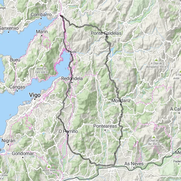 Miniature de la carte de l'inspiration cycliste "Circuit routier via Salvaterra de Miño" dans la Galicia, Spain. Générée par le planificateur d'itinéraire cycliste Tarmacs.app