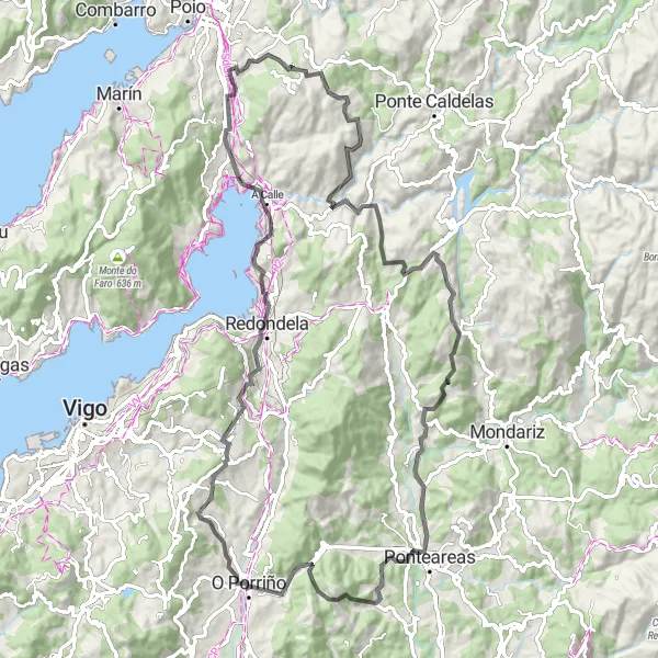 Miniatuurkaart van de fietsinspiratie "Pontevedra - Uitdagende route van 96 km over de weg" in Galicia, Spain. Gemaakt door de Tarmacs.app fietsrouteplanner