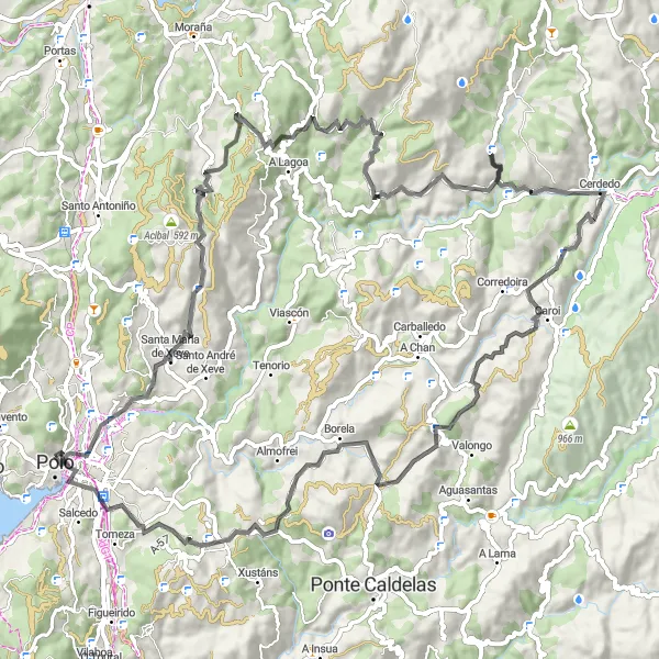 Karten-Miniaturansicht der Radinspiration "Herausfordernde Straßenroute durch die Landschaft von Pontevedra" in Galicia, Spain. Erstellt vom Tarmacs.app-Routenplaner für Radtouren
