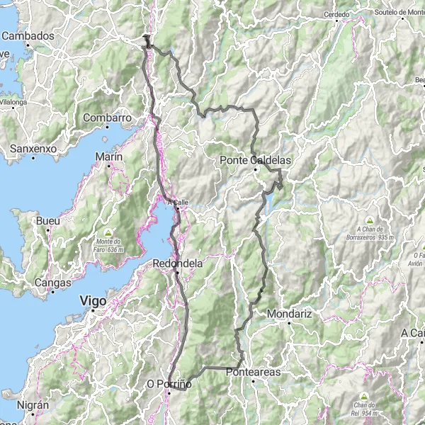 Map miniature of "Porriño Circular Stunning Road Route" cycling inspiration in Galicia, Spain. Generated by Tarmacs.app cycling route planner