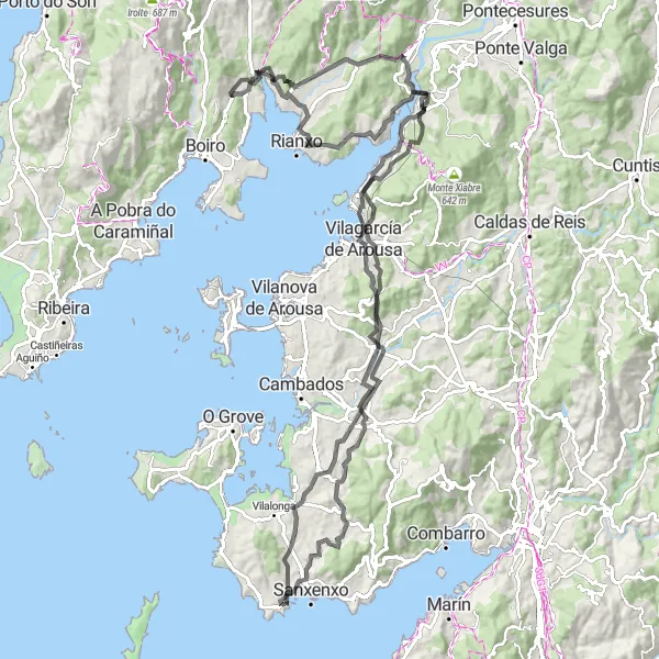 Miniatura della mappa di ispirazione al ciclismo "Avventura ciclistica attraverso Torres de Oeste" nella regione di Galicia, Spain. Generata da Tarmacs.app, pianificatore di rotte ciclistiche