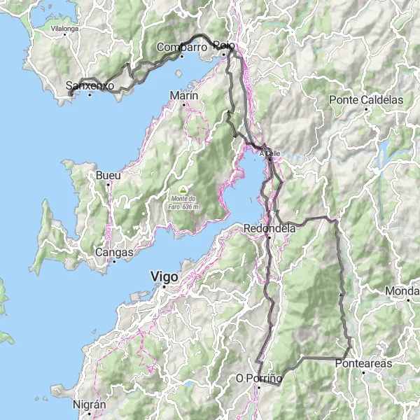 Miniatura della mappa di ispirazione al ciclismo "Ciclovia stradale di 130 km con 2287 m di dislivello - Portonovo" nella regione di Galicia, Spain. Generata da Tarmacs.app, pianificatore di rotte ciclistiche