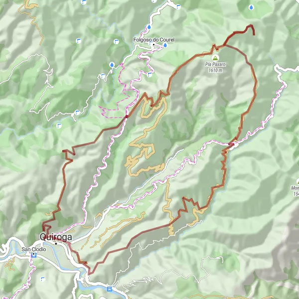 Miniatura della mappa di ispirazione al ciclismo "Rotta del granello attraverso Quiroga" nella regione di Galicia, Spain. Generata da Tarmacs.app, pianificatore di rotte ciclistiche