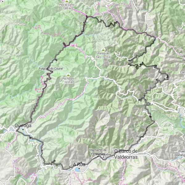 Miniatura della mappa di ispirazione al ciclismo "Epica rotta stradale attraverso Vilamartín de Valdeorras" nella regione di Galicia, Spain. Generata da Tarmacs.app, pianificatore di rotte ciclistiche