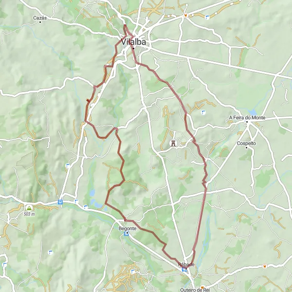 Miniatua del mapa de inspiración ciclista "Ruta de ciclismo de gravilla de 59 km desde Rábade" en Galicia, Spain. Generado por Tarmacs.app planificador de rutas ciclistas