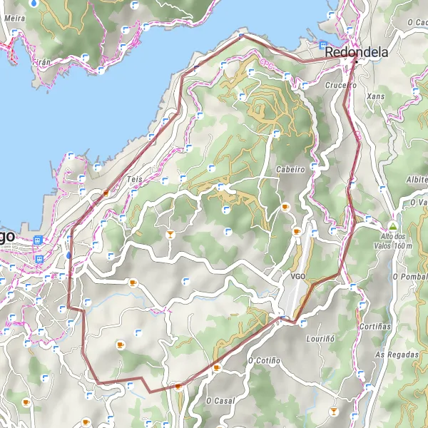 Miniaturní mapa "Gravel z Redondely" inspirace pro cyklisty v oblasti Galicia, Spain. Vytvořeno pomocí plánovače tras Tarmacs.app