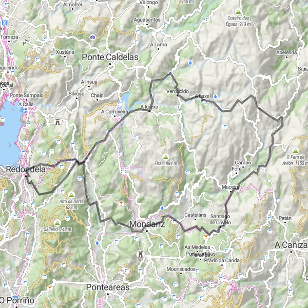 Miniatuurkaart van de fietsinspiratie "Rondrit Redondela - Alto da Xaronda" in Galicia, Spain. Gemaakt door de Tarmacs.app fietsrouteplanner