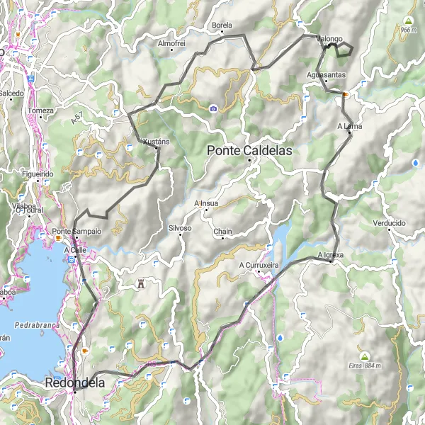 Miniatuurkaart van de fietsinspiratie "Rondrit Redondela - Alto da Xaronda" in Galicia, Spain. Gemaakt door de Tarmacs.app fietsrouteplanner