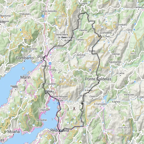 Miniature de la carte de l'inspiration cycliste "Le tour panoramique de Redondela à Reboreda" dans la Galicia, Spain. Générée par le planificateur d'itinéraire cycliste Tarmacs.app